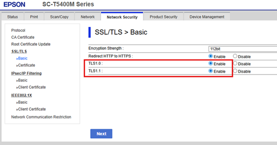 Enabling TLS1.0 and TLS1.1 settings in Epson Web Config